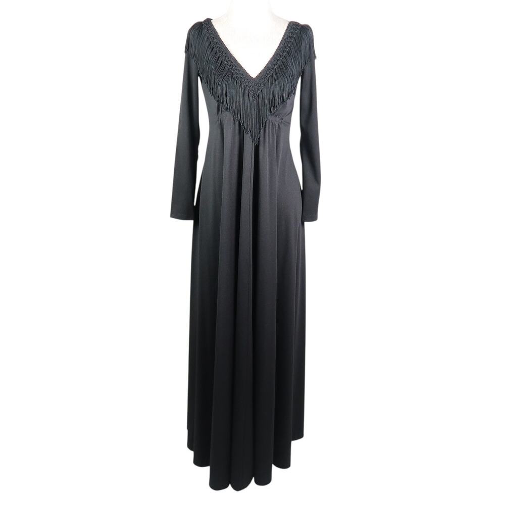 Vintage 70s Black Fringe Collar Trim Long Sleeve Maxi Dress 8 - Picture 1 of 6